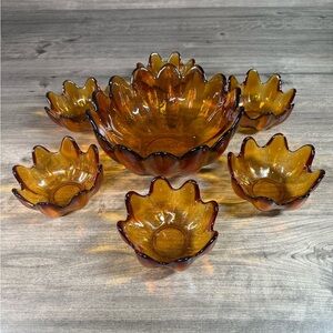 Vintage Blenko 7 Piece Gold Honey Lotus Glass Salad Bowl Set (1 Large/6 Small)